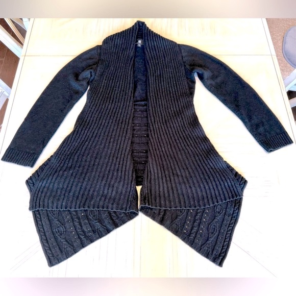 IZ Byer Ribbed Open Drape Front Asymmetrical Cardigan – Black, Size Large - Picture 13 of 16